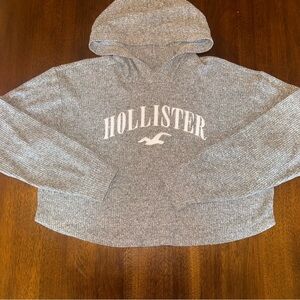 Hollister Heather Gray Waffle-Knit Soft Logo Cropped Hoodie Sweater Size Small